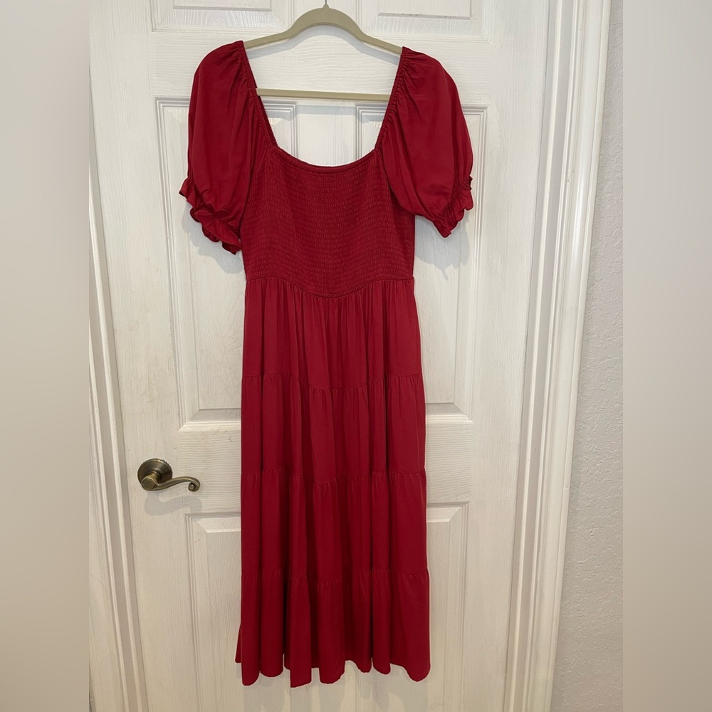 Anrabess Red Smocked Midi Dress – Puff Sleeve Boho Cottagecore, Size M